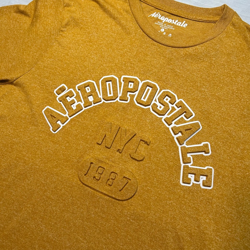 Aeropostale T-Shirt Mens Large Mustard Yellow Heathered Embossed NYC 1987 Logo